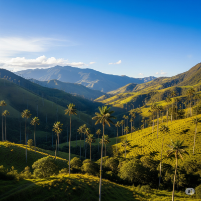[Image of Paisaje del Valle de Cocora con palmas de cera altas y montañas verdes al fondo, Salento, Quindío]